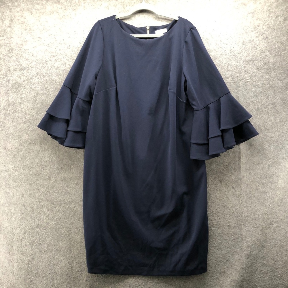 Calvin Klein Tiered Ruffle Bell Sleeve Sheath Dress Womens 16W Navy Blue Career